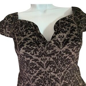 ONE CLOTHING Black Gold Damask Jacquard Fit Flare Dress Size L Evening Party